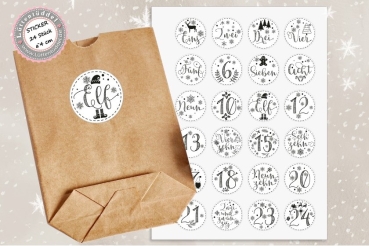 Preview: 24 Stück zuckersüße Zahlen Adventskalenderaufkleber Sticker Schwarz/WEiß Weihnachten  /4cm rund mit-oder ohne 24 Beutelchen aus Kraftpapier - von Lüttentüddel